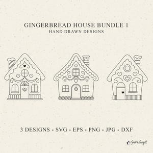 Könnte beinhalten: Drei handgezeichnete Lebkuchenhaus-Designs in schwarzer Umrisslinie. Jedes Haus hat einzigartige dekorative Elemente wie Herzen und Schornsteine. Der Text "GINGERBREAD HOUSE BUNDLE 1" und Dateitypoptionen sind angezeigt.