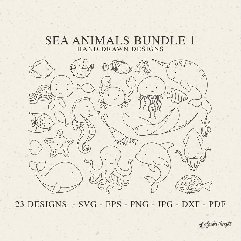May include: A set of 23 hand-drawn black and white illustrations of sea animals, including a whale, dolphin, octopus, jellyfish, crab, seahorse, starfish, and more. The illustrations are perfect for creating digital or physical crafts, such as greeting cards, invitations, or scrapbooking.