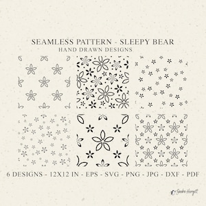 Puede incluir: Seis patrones florales sin costuras en negro sobre fondo crema. Los diseños incluyen varios arreglos de flores y hojas estilizadas. El texto en la parte superior dice "SEAMLESS PATTERN - SLEEPY BEAR HAND DRAWN DESIGNS". Cada diseño mide 30,48 x 30,48 cm.
