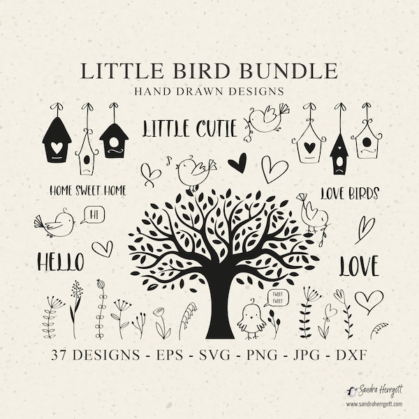 Little Bird Plotter File SVG DXF PNG Flower Tree Heart Spring Cricut Brother Canvas Silhouette Download Plotting Bundle Cute Animal House