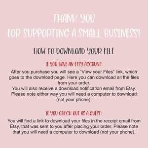 May include: A white text graphic on a pink background with instructions on how to download a digital file purchased from Etsy. The text includes the phrases "Thank you for supporting a small business!" and "How to download your file".