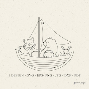 May include: A black and white line drawing of a boat with a sail, carrying a fox, bear, hedgehog, and rabbit. The boat has a striped hull. The image includes the text "1 DESIGN - SVG - EPS - PNG - JPG - DXF - PDF".