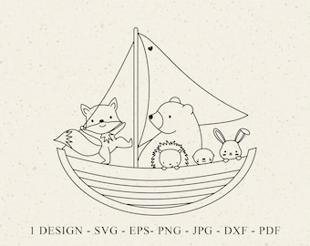 Archivo de plotter de aventura en barco con animales del bosque SVG DXF PNG EPS JPG Viajes de vacaciones Cricut Barco Silueta Clip art Zorro bebé Corte láser Oso Conejo