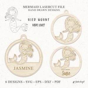 Affiche de chambre sirène enfant découpé au Laser ALLEMAND Svg Eps Dxf bague plaque nominative, jolie queue de fée lunatique fille chambre d'enfant décor sweet fantasy