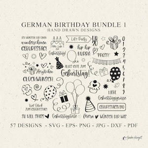 Alemán Geburtstag Plotter Archivo SVG DXF PNG Estrella Icono Corazón Cricut Silueta Geburtstagskind Clipart Alles Gute zum Mejores Deseos Saludos