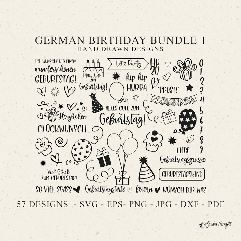 May include: A black and white illustration set of 57 German birthday designs. The illustrations include a birthday cake, balloons, presents, party hats, stars, hearts, and the words "Happy Birthday" in German.