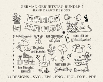 German Geburtstag Plotter File Svg Dxf Png Jpg Pdf Gift Icon Mouse Cricut Balloon Silhouette Clipart Banner Heart Flower Cake Best Wishes