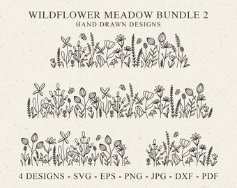 May include: Four black and white line art designs of wildflower meadows. Each design features a variety of flowers, leaves, and butterflies. The text "WILDFLOWER MEADOW BUNDLE 2" and "HAND DRAWN DESIGNS" is at the top of the image. The text "4 DESIGNS - SVG - EPS - PNG - JPG - DXF - PDF" is at the bottom of the image.