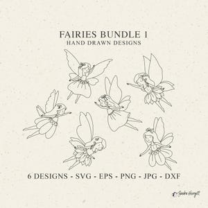 Könnte beinhalten: Ein digitaler Kunstdruck mit sechs handgezeichneten Feen-Designs in schwarzer Umrandung. Die Feen haben Flügel und tragen Kleider. Der Text oben lautet "FAIRIES BUNDLE 1 HAND DRAWN DESIGNS". Der Text unten zeigt die Dateiformate: SVG, EPS, PNG, JPG und DXF.