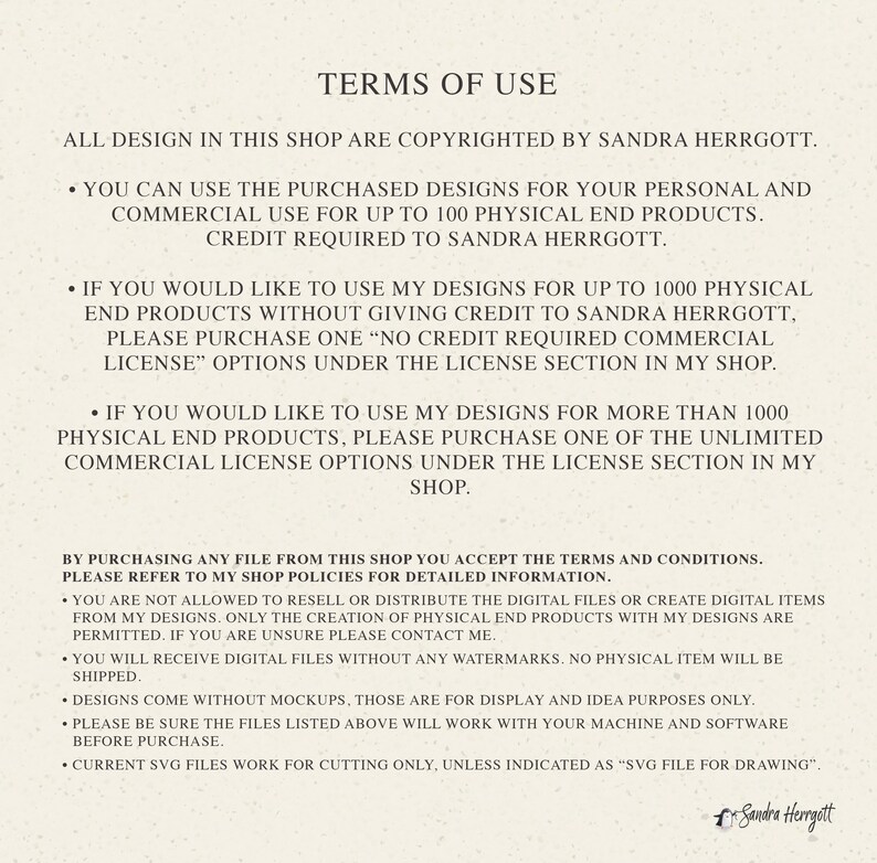 May include: A document titled 'Terms of Use' detailing copyright information, commercial use terms, and licensing options. It outlines permitted uses, credit requirements, and contact details. Signed by Sandra Herrgott, the document is on a cream background.