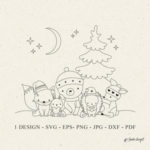 Winter Animal Plotter File Svg Dxf Png Jpg Woodland Cricut Forest Silhouette Baby Bunny Clipart Vinyl Laser Cut File Deer Fox Bear Tree Moon