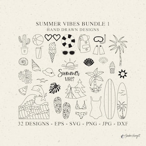 File plotter Summer Vibes SVG DXF Eps Png Vacanza Palma Cricut Tavola da surf Silhouette Clipart tropicale Gelato Onde Delfino infradito