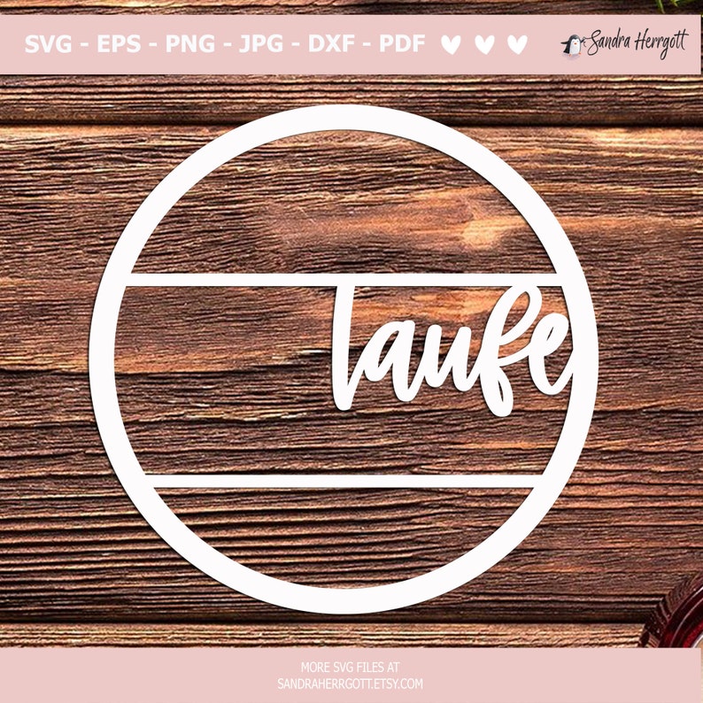 May include: White circle with the word "Laufe" written in a cursive font inside. The circle is on a brown wooden background.