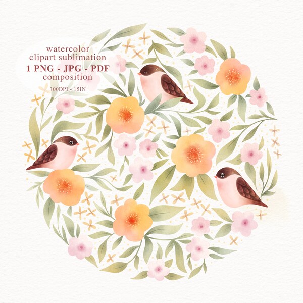 Floral Spring Bird Circle Watercolour Sublimation Clipart File Png Jpg Pdf, Baby Sparrow Botanical Nursery Art, Flower Home Decor Design