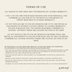 May include: Terms of use for a digital design shop. The text explains the copyright information, credit requirements, and commercial use limitations for purchased designs. The text also mentions that the shop offers unlimited commercial licenses.