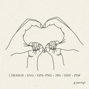 Puede incluir: Ilustración en blanco y negro de manos formando un corazón, con dos pequeñas manos de bebé en el centro. Incluye el texto "1 DESIGN - SVG - EPS - PNG - JPG - DXF - PDF".