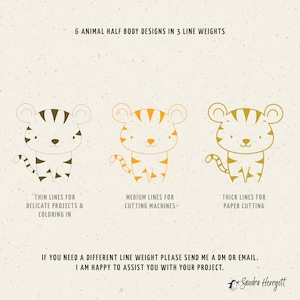 May include: Three line art illustrations of a tiger cub in different line weights. The first illustration has thin lines, the second has medium lines, and the third has thick lines. The text below each illustration describes the line weight and its intended use.