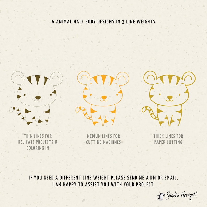 May include: Three line art illustrations of a tiger cub in different line weights. The first illustration has thin lines, the second has medium lines, and the third has thick lines. The text below each illustration describes the line weight and its intended use.