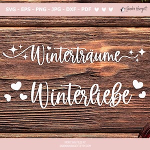 May include: White script text on a brown wooden background. The text reads "Wintertr&auml;ume" and "Winterliebe", with decorative stars and hearts. The top of the image has file type options. The bottom of the image has a website address.
