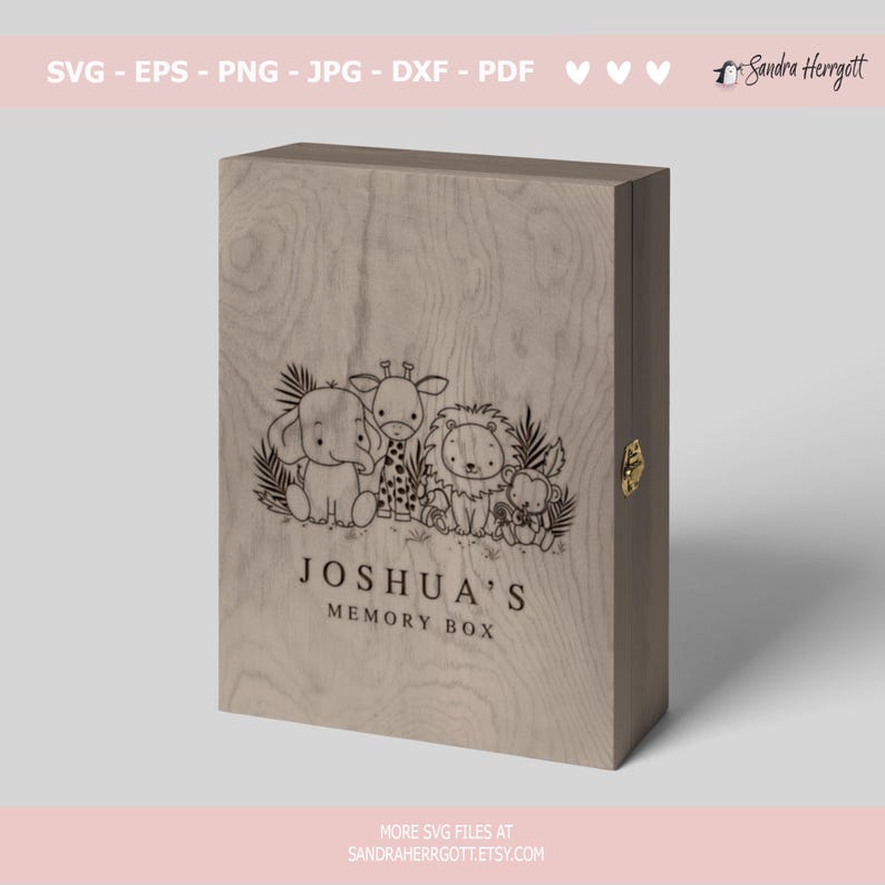 May include: A wooden box with a light brown finish. The box has a hinged lid and a brass latch. The front of the box is engraved with a design of a giraffe, elephant, lion, and monkey. The text "Joshua's Memory Box" is engraved below the design.