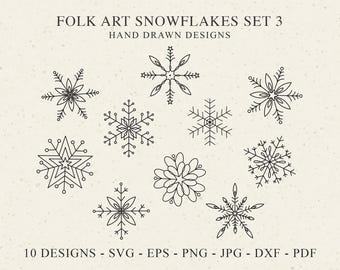 Snowflakes Plotter File Svg Dxf Png Pdf Jpg Eps Folk Art Celestial Cricut Silhouette Laser Cut Template Christmas Clipart Line Art outline