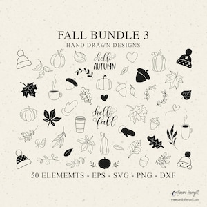 Puede incluir: Una impresión de arte digital titulada "Fall Bundle 3" con diseños dibujados a mano. La imagen incluye ilustraciones de calabazas, hojas, bellotas, tazas de café y las frases "hello autumn" y "hello fall". La imagen contiene 50 elementos.