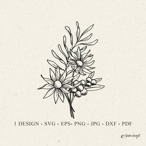 Arquivo de plotter de buquê de flores Svg Dxf Png Jpg Pdf Botânico Cricut Wildflower Clipart Floral Silhouette Flor Monograma Vinil Arquivo de corte a laser