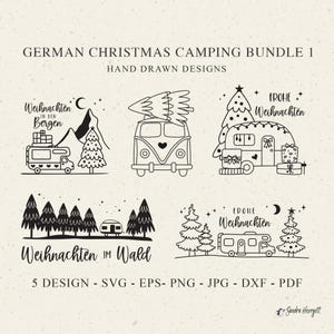 Puede incluir: Diseños de arte lineal en blanco y negro con temas de acampada navideña. Incluye autocaravanas, árboles y texto como "German Christmas Camping Bundle 1" y "Frohe Weihnachten". Los diseños están dibujados a mano.