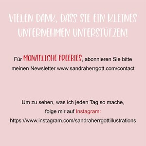 Op de afbeelding: Een roze achtergrond met witte en rode tekst. De tekst luidt: "VIELEN DANK, DASS SIE EIN KLEINES UNTERNEHMEN UNTERST&Uuml;TZEN!" en "F&uuml;r MONATLICHE FREEBIES, abonnieren Sie bitte meinen Newsletter www.sandraherrgott.com/contact".