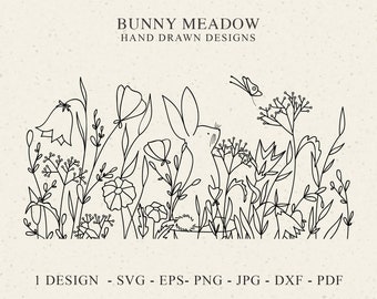 Wildflower Bunny Meadow Plotter File Svg Dxf Eps Pdf Png Jpg Botanical Clipart Rabbit Cricut Floral Silhouette Whimsical Flower DIY Stencil