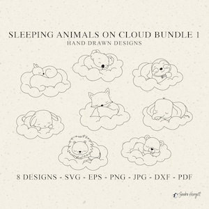 Animali che dormono su una nuvola Plotter File Svg Dxf Png Jpg Baby Bunny Cricut Silhouette Koala Clipart Bradipo Volpe Leone Orso Vinile File tagliato al laser