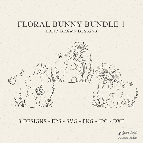 Ensemble de 3 fichiers Clipart Floral Bunny Svg, fichier de coupe Animal botanique, fichier de coupe lapin, lapin Cricut, lapin Mug Svg, lapin T-Shirt Svg