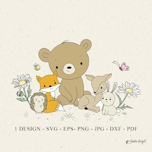Fichier traceur couleur animaux de la forêt Svg Dxf Png Jpg Eps Pdf ami des bois Cricut silhouette botanique bébé lapin Clipart cerf renard ours marguerite