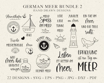 Könnte beinhalten: Ein Set mit 22 handgezeichneten Illustrationen in Schwarzweiß mit nautischen Motiven. Die Illustrationen beinhalten einen Leuchtturm, ein Segelboot, einen Anker, Muscheln und Text in deutscher Sprache. Der Text beinhaltet Sätze wie "Heimat Meer", "Mehr Spass am Meer" und "Das Leben ist besser am Meer".