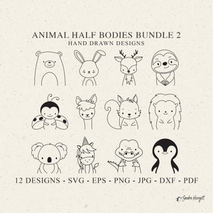 Arquivo de plotter de meio corpo de animal Svg Dxf Png Jpg Pdf Unicórnio Cricut Coelho Silhueta Veado Vinil Arquivo de corte a laser Preguiça Clipart Lama Coala Urso