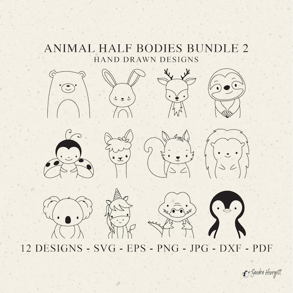 Animal Half Body Plotter File Svg Dxf Png Jpg Pdf Unicorn Cricut Bunny Silhouette Deer Vinyl Laser Cut File Sloth Clipart Lama Koala Bear