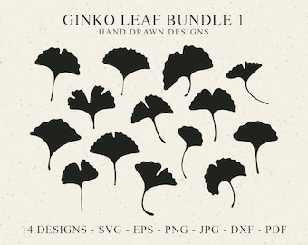 May include: A digital graphic set titled GINKO LEAF BUNDLE 1 HAND DRAWN DESIGNS featuring 14 black silhouettes of ginkgo leaves arranged on a light cream background. The text 14 DESIGNS - SVG - EPS - PNG - JPG - DXF - PDF appears at the bottom.