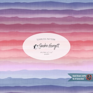 Pode incluir: Padrão sem costura com faixas horizontais em estilo aquarela em tons de rosa, roxo e azul. O design inclui o texto "SEAMLESS PATTERN" e o nome do artista "Sandra Herrgott". A imagem é desenhada à mão, 30.48 cm x 30.48 cm e 300 DPI.