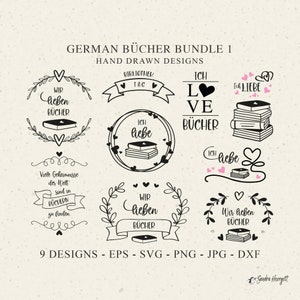 Allemand, nous aimons les livres fichier traceur SVG DXF PNG coeur Cricut silhouette téléchargement traçage Bundle couronne des cliparts vinyle coupé fichier timbre numérique
