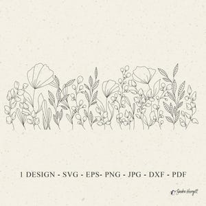 Arquivo de plotter de prado de flores silvestres Svg Dxf Png Jpg Jardim Planta Cricut Floral Clipart Vinil Arquivo de corte a laser Silhueta de vegetação Flor botânica