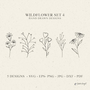 Conjunto de 4 imágenes prediseñadas SVG de flores silvestres, flores de Cricut, bocetos de flores en formato SVG, PNG, DXF y EPS, silueta botánica digital.