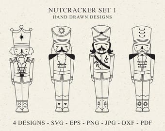 May include: Four black and white line drawings of nutcracker soldiers. Each nutcracker is wearing a different hat and has a different design on their uniform. The text "Nutcracker Set 1" and "Hand Drawn Designs" is at the top of the image. The text "4 Designs - SVG - EPS - PNG - JPG - DXF - PDF" is at the bottom of the image.