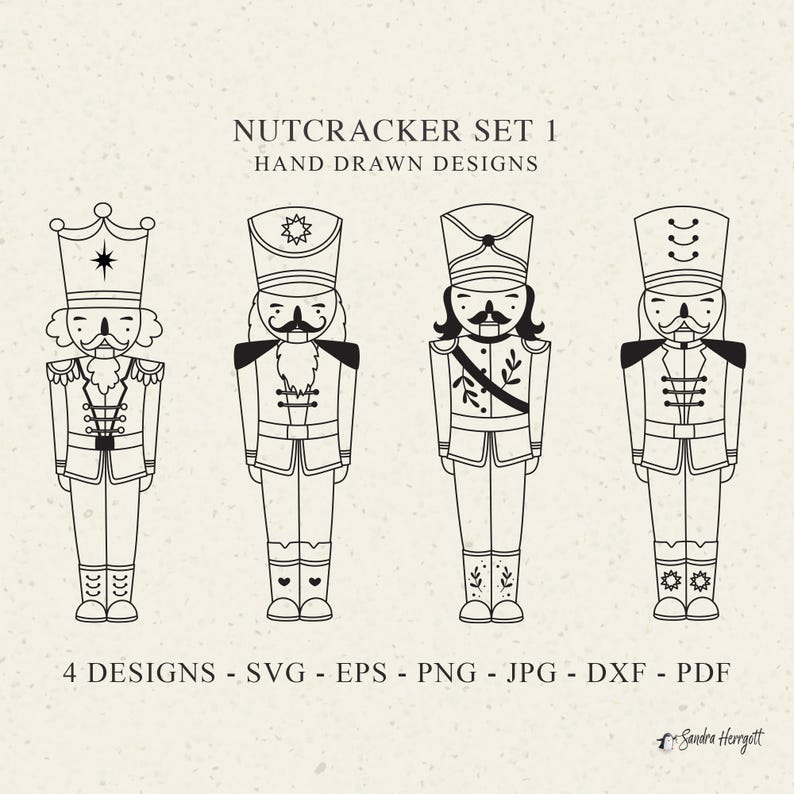 Może przedstawiać: Cztery czarno-białe rysunki żołnierzy-łamaczy orzech&oacute;w. Każdy łamacz orzech&oacute;w nosi inny kapelusz i ma inny wz&oacute;r na mundurze. Tekst "Nutcracker Set 1" i "Hand Drawn Designs" znajduje się w g&oacute;rnej części obrazu. Tekst "4 Designs - SVG - EPS - PNG - JPG - DXF - PDF" znajduje się w dolnej części obrazu.