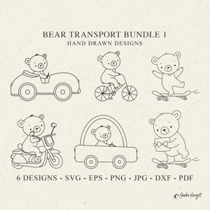 楽しいクマの輸送プロッターファイル SVG Dxf PNG EPS バイク クリカット 自転車 シルエット 赤ちゃん 動物 クリップアート 車 スケートボード ビニール カット ファイル 保育園