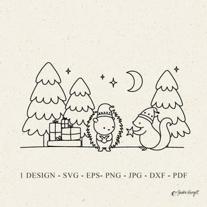 Hiver écureuil hérisson fichier traceur Svg Dxf Png Jpg Eps paysage Cricut ami Silhouette bébé animal vinyle découpé au Laser fichier pin arbre cadeau