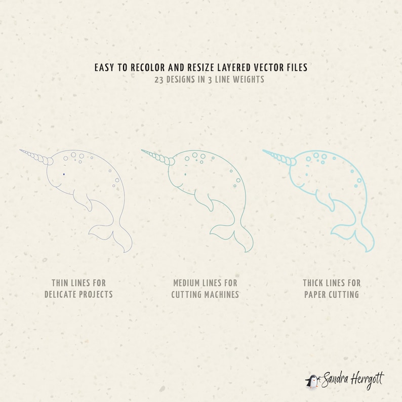 May include: Three line art illustrations of a narwhal, each with a different line weight. The first illustration has thin lines, the second has medium lines, and the third has thick lines. The text below each illustration describes the line weight and its use. The text reads "Thin lines for delicate projects", "Medium lines for cutting machines", and "Thick lines for paper cutting".