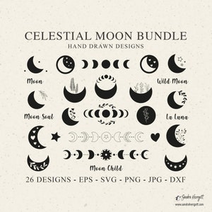 Celestial Moon Plotter File Svg Dxf Png Eps Jpg Leave Star Heart Flower Cricut Floral Clipart Silhouette Botanical Cute Vinyl Laser Cut File