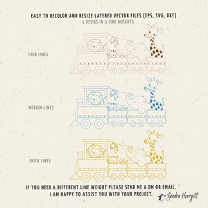 May include: An illustration of a train carrying various animals, including a lion, monkey, elephant, and giraffe. The image shows the design in three different line weights: thin, medium, and thick. Text at the top reads "EASY TO RECOLOR AND RESIZE LAYERED VECTOR FILES".