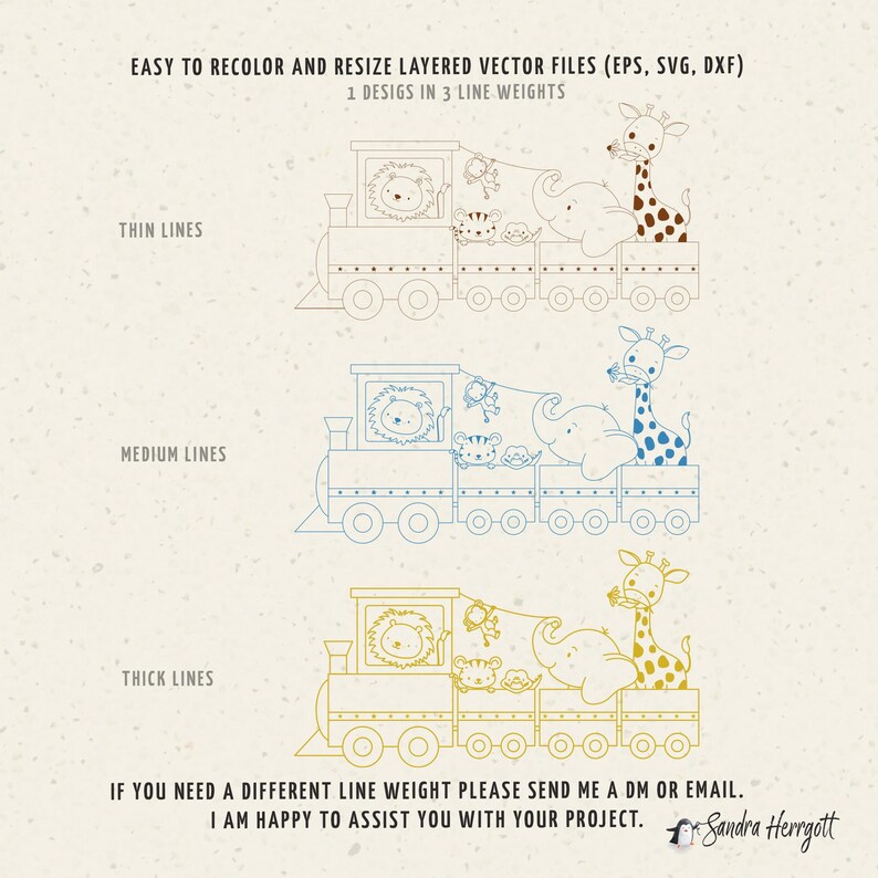 May include: An illustration of a train carrying various animals, including a lion, monkey, elephant, and giraffe. The image shows the design in three different line weights: thin, medium, and thick. Text at the top reads "EASY TO RECOLOR AND RESIZE LAYERED VECTOR FILES".