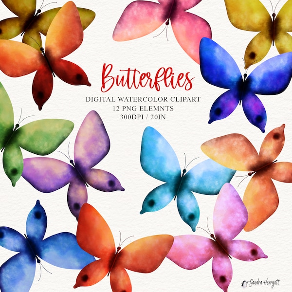 12 Colorful Butterfly Watercolour Clipart Set Png, Insect Bug Little Animal Spring Summer Garden Pink Red Green Blue Gold Orange Purple Aqua